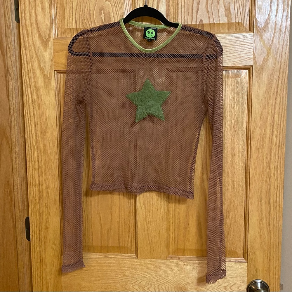 Tunnel Vision Brown Fishnet Fuzzy Star Long-Sleever Mesh Blouse - Y2K Style